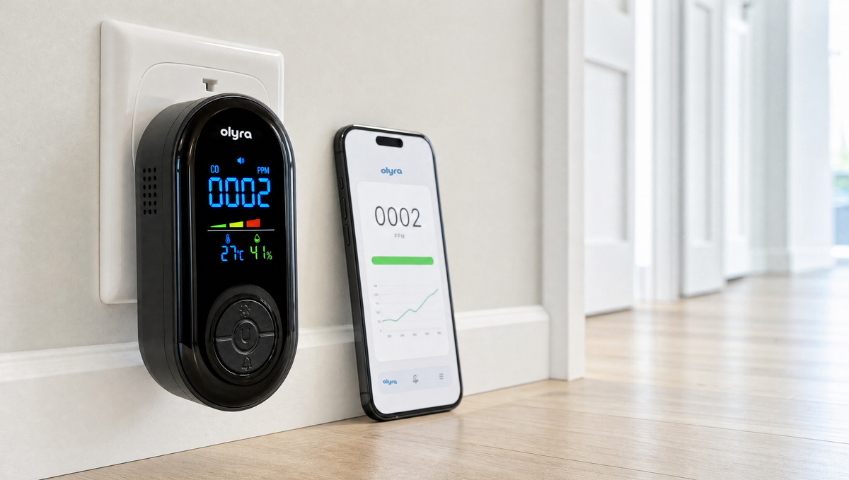 The TrueDetect carbon monoxide detector plugged into a hallway wall outlet, its colour display reading 0002 PPM, with a smartphone beside it showing the same reading in the app.