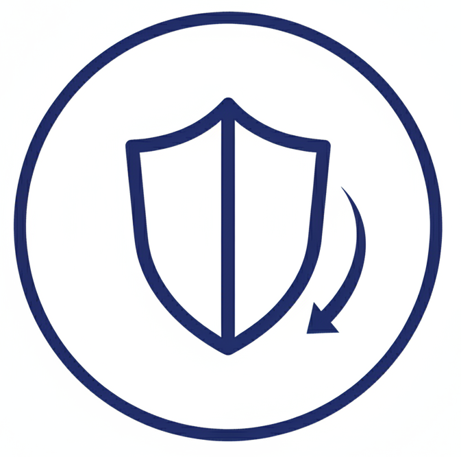 Icône vectorielle minimaliste sur fond blanc uni, aucun carré, cercle contour #1D4ED8, bouclier au centre avec petite flèche courbe autour, tracés bleu marine, sans texte.