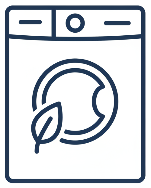 Icône vectorielle minimaliste sur fond blanc uni, aucun carré, cercle contour #1D4ED8, machine à laver vue de face avec petite feuille à côté du hublot, lignes bleu marine, sans texte.