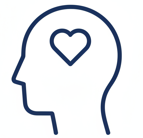 Icône vectorielle minimaliste sur fond blanc uni, aucun carré, cercle contour #1D4ED8, profil de tête avec petit cœur à l’intérieur, lignes bleu marine, sans texte.