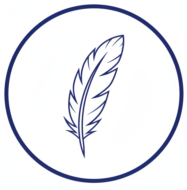 Icône vectorielle minimaliste sur fond blanc uni, aucun carré ni forme autour, juste un cercle contour #1D4ED8 et une plume stylisée au centre en ligne fine bleu marine, sans texte.