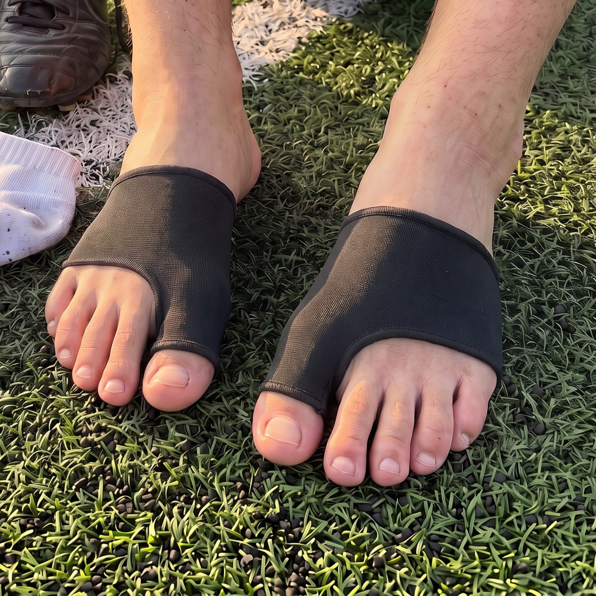 Teenage soccer player sitting on turf with an Olyra Blister Sleeve on each foot