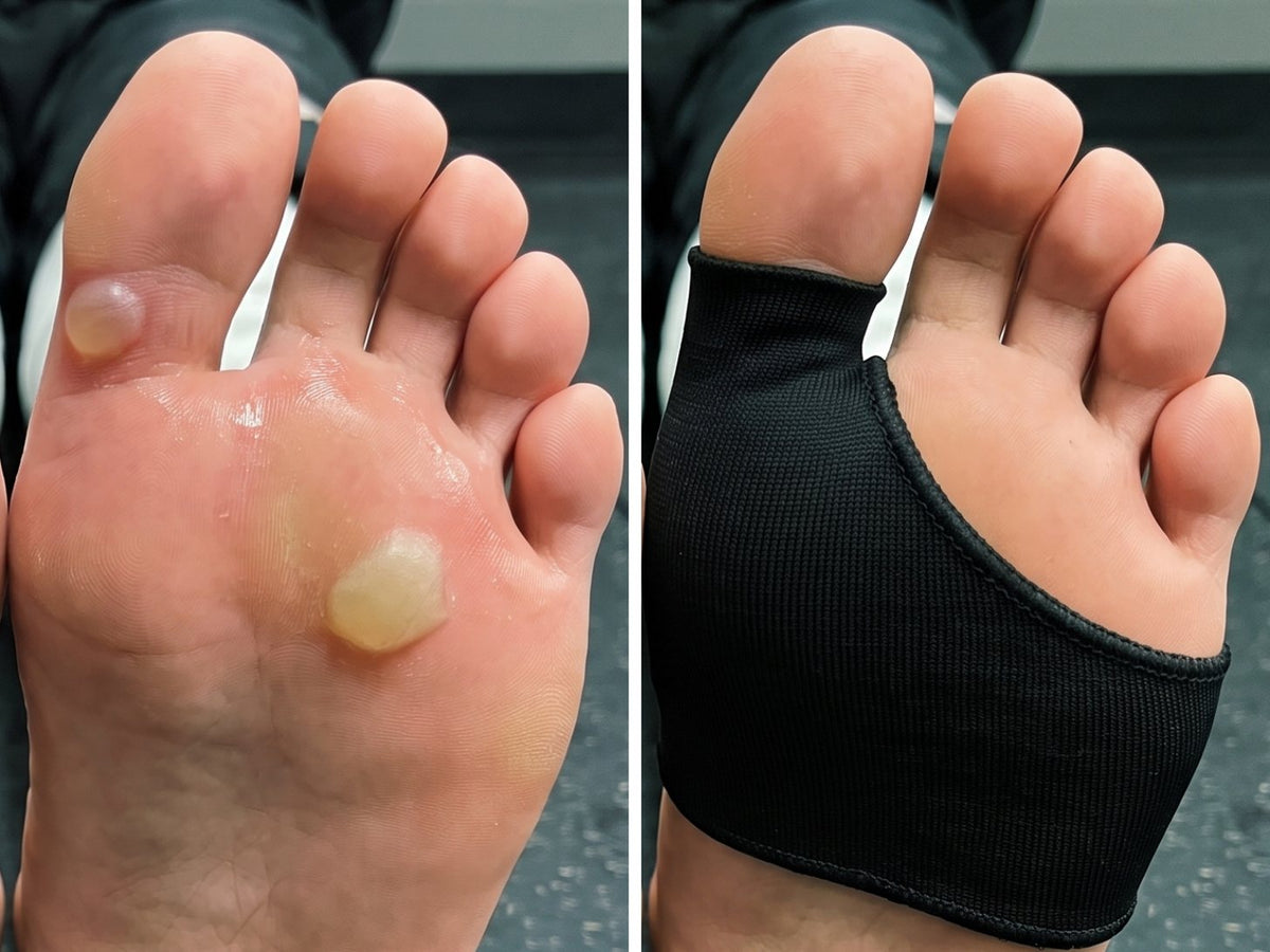 The same foot shown twice: closed blisters on the left, wearing the Olyra Blister Sleeve on the right