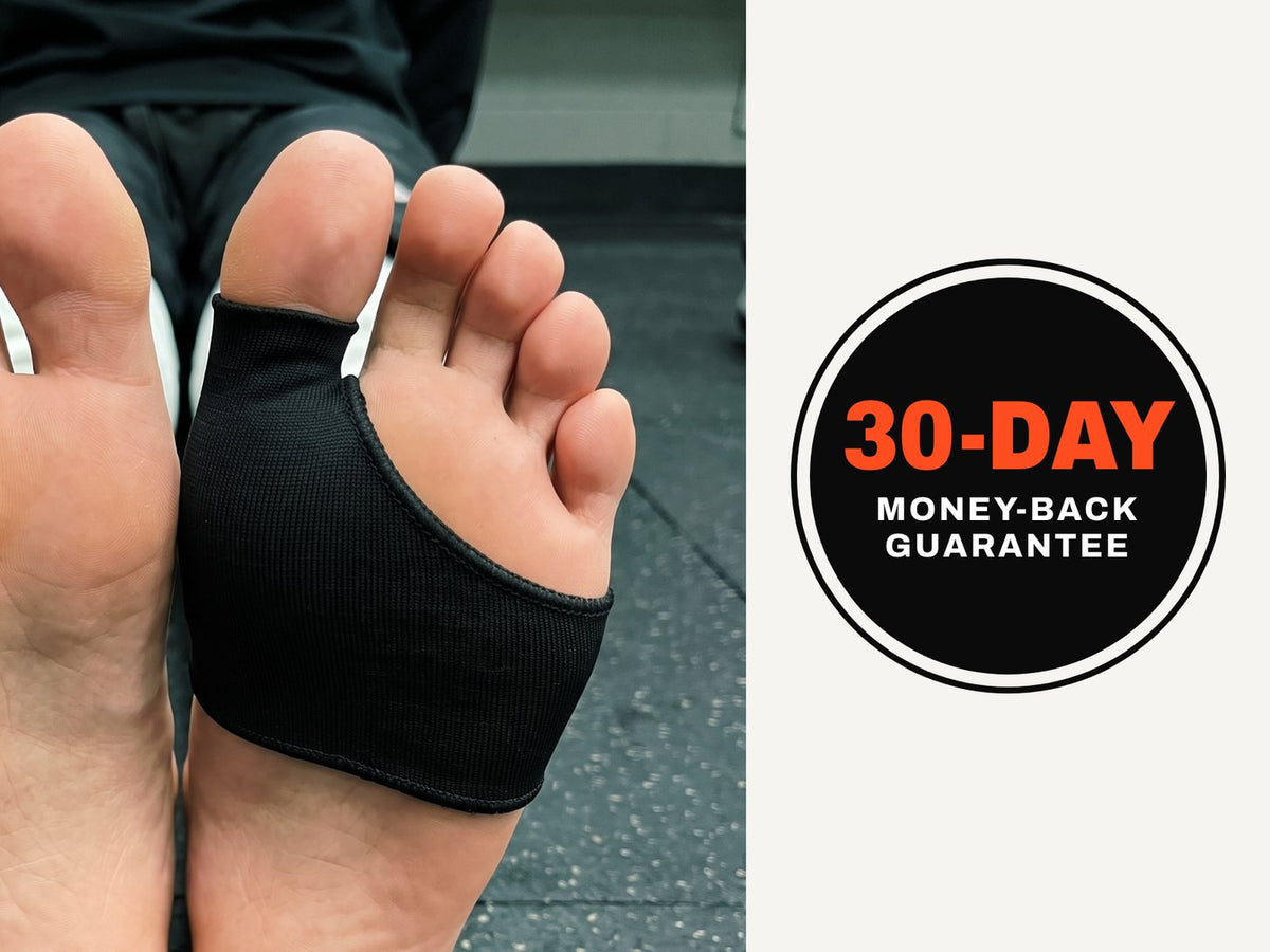 Foot wearing the Olyra Blister Sleeve next to a 30-Day Money-Back Guarantee badge