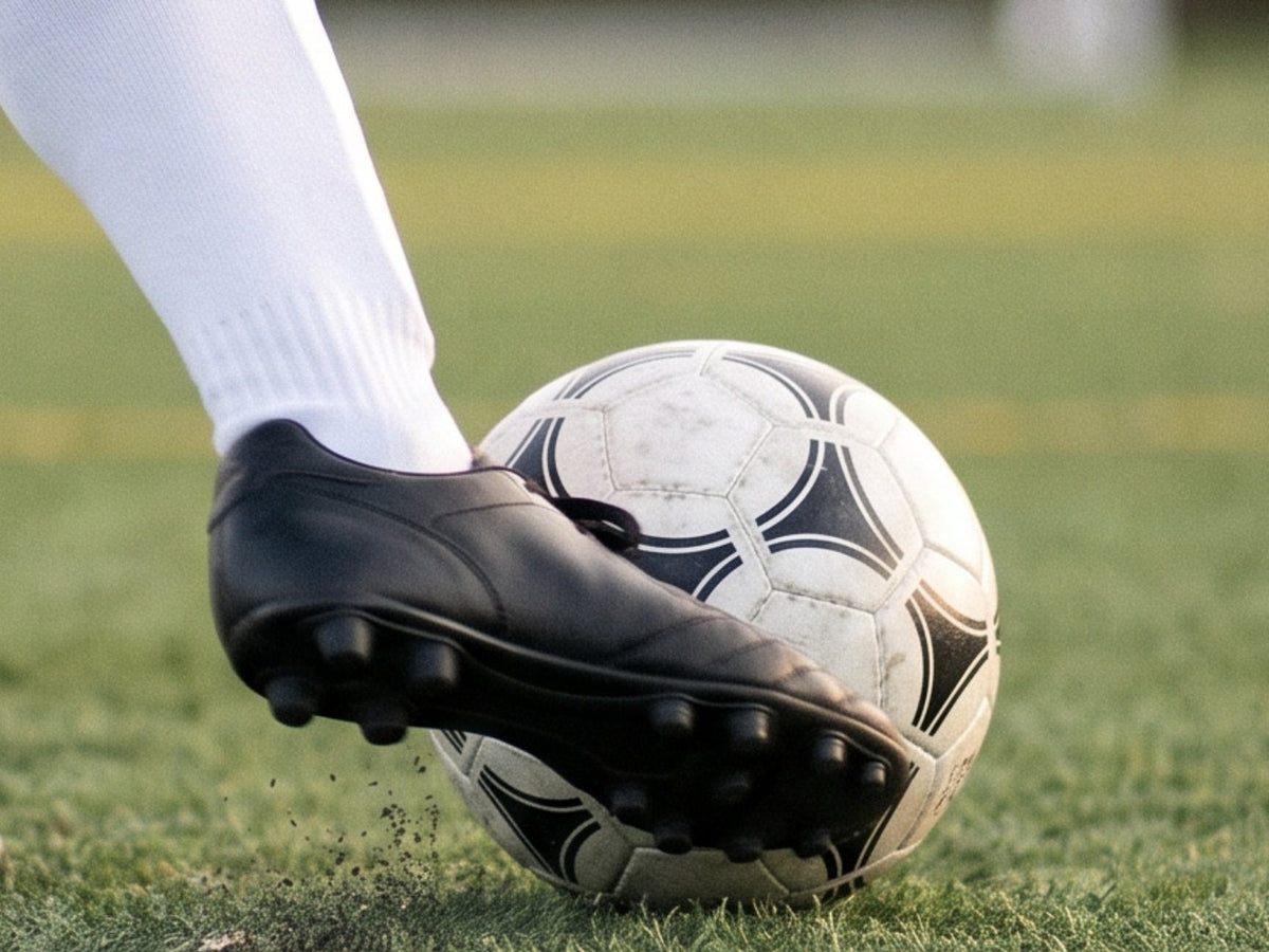 Teenage soccer player planting and cutting at practice, close on the front of the cleat