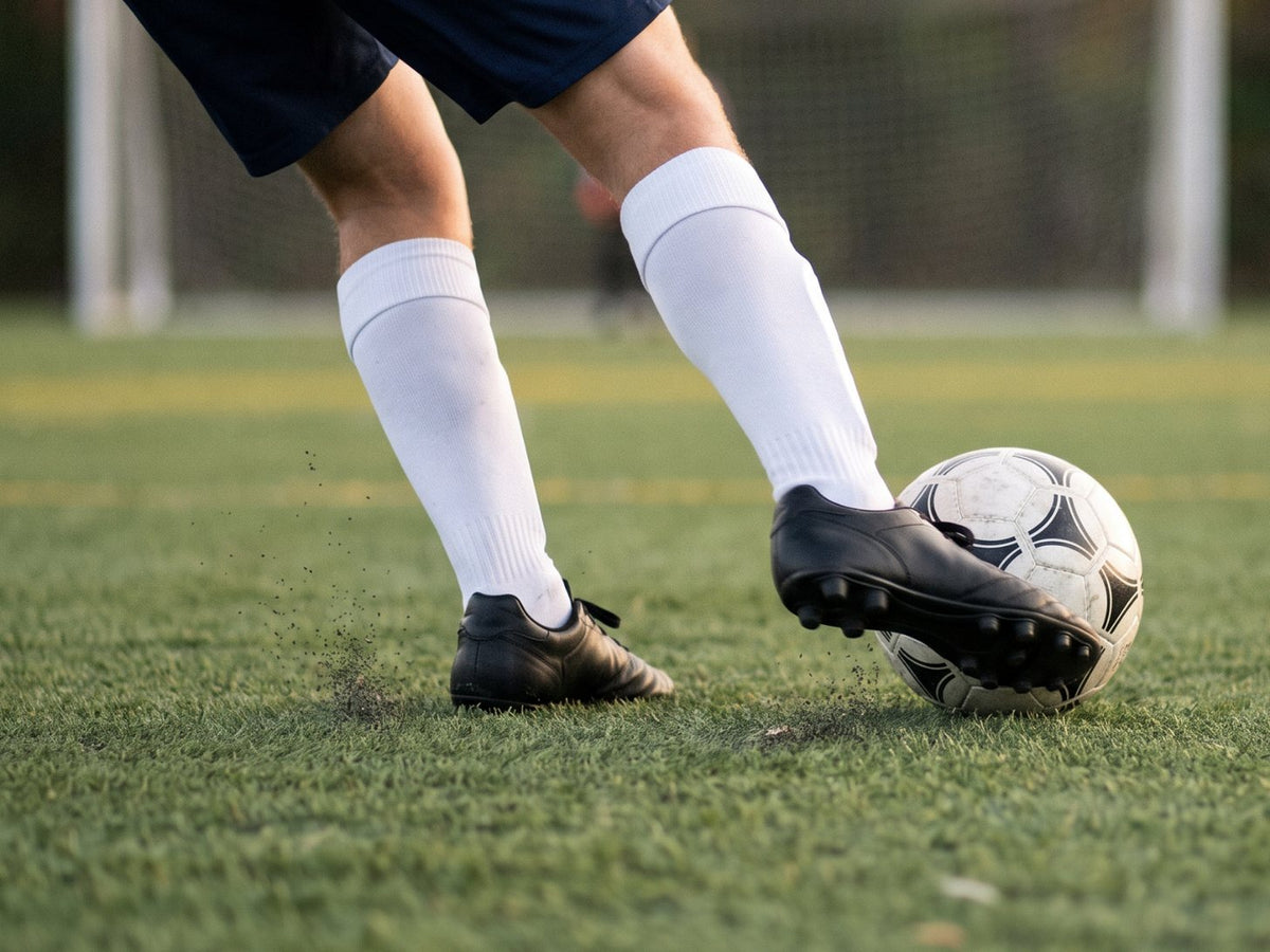 Teenage soccer player striking a ball on a turf field, in long socks and cleats