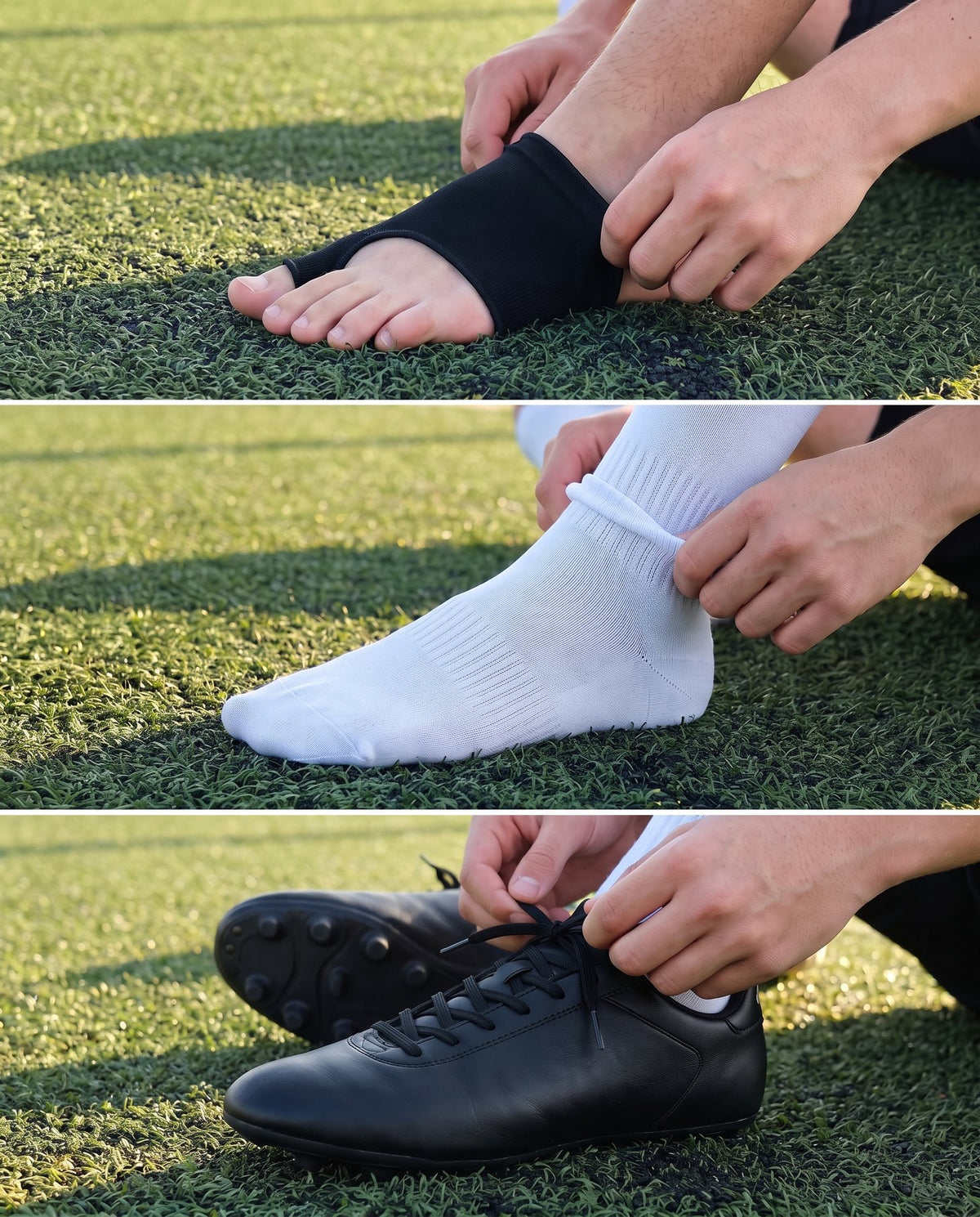 Three steps: the sleeve on a bare foot, a sock pulled over it, then the cleat laced up