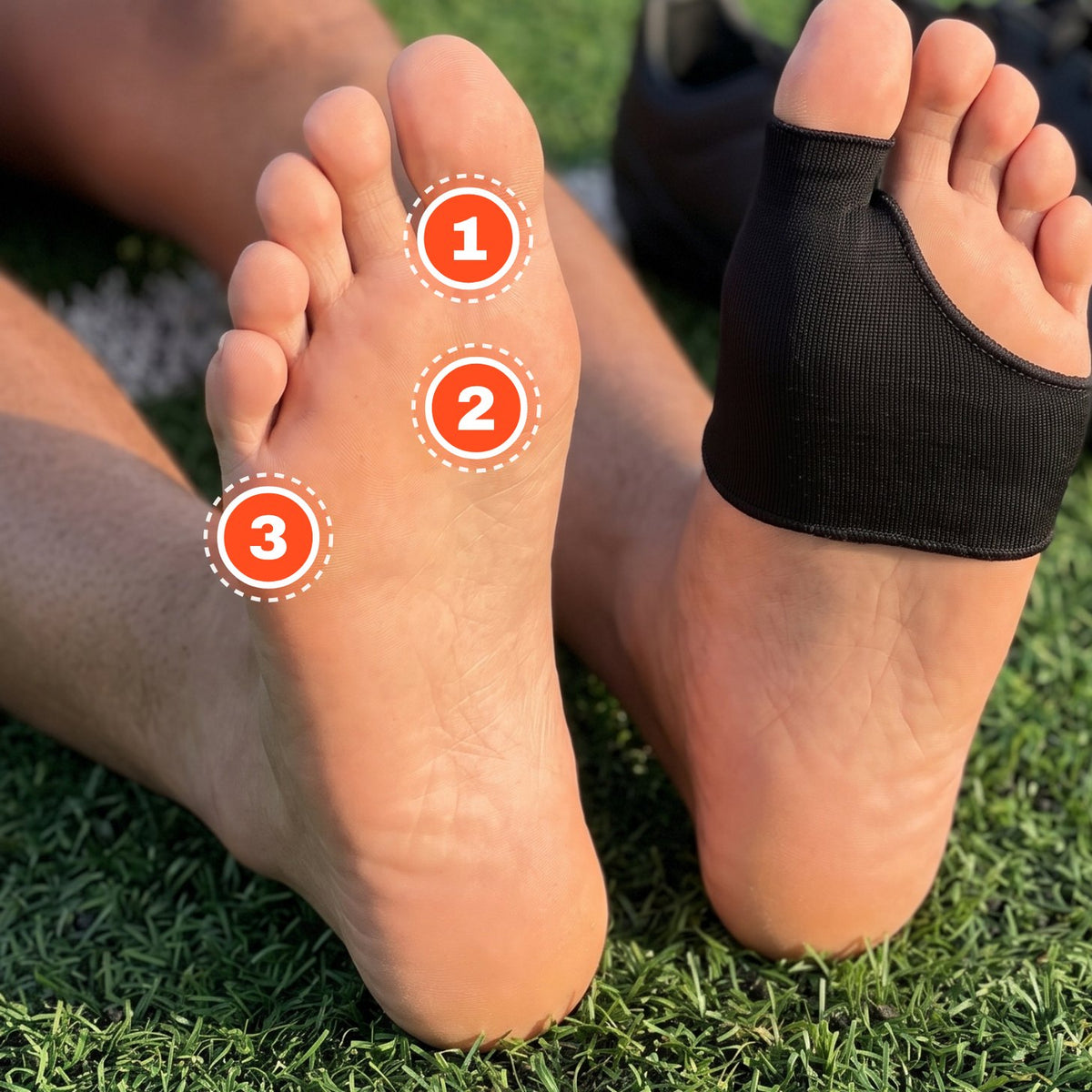 Sole of a bare foot with numbered markers on the big toe, the ball of the foot and the outer forefoot