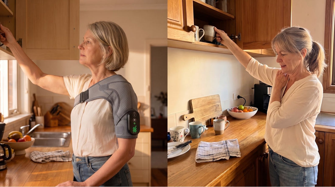 Holding a painful shoulder at home