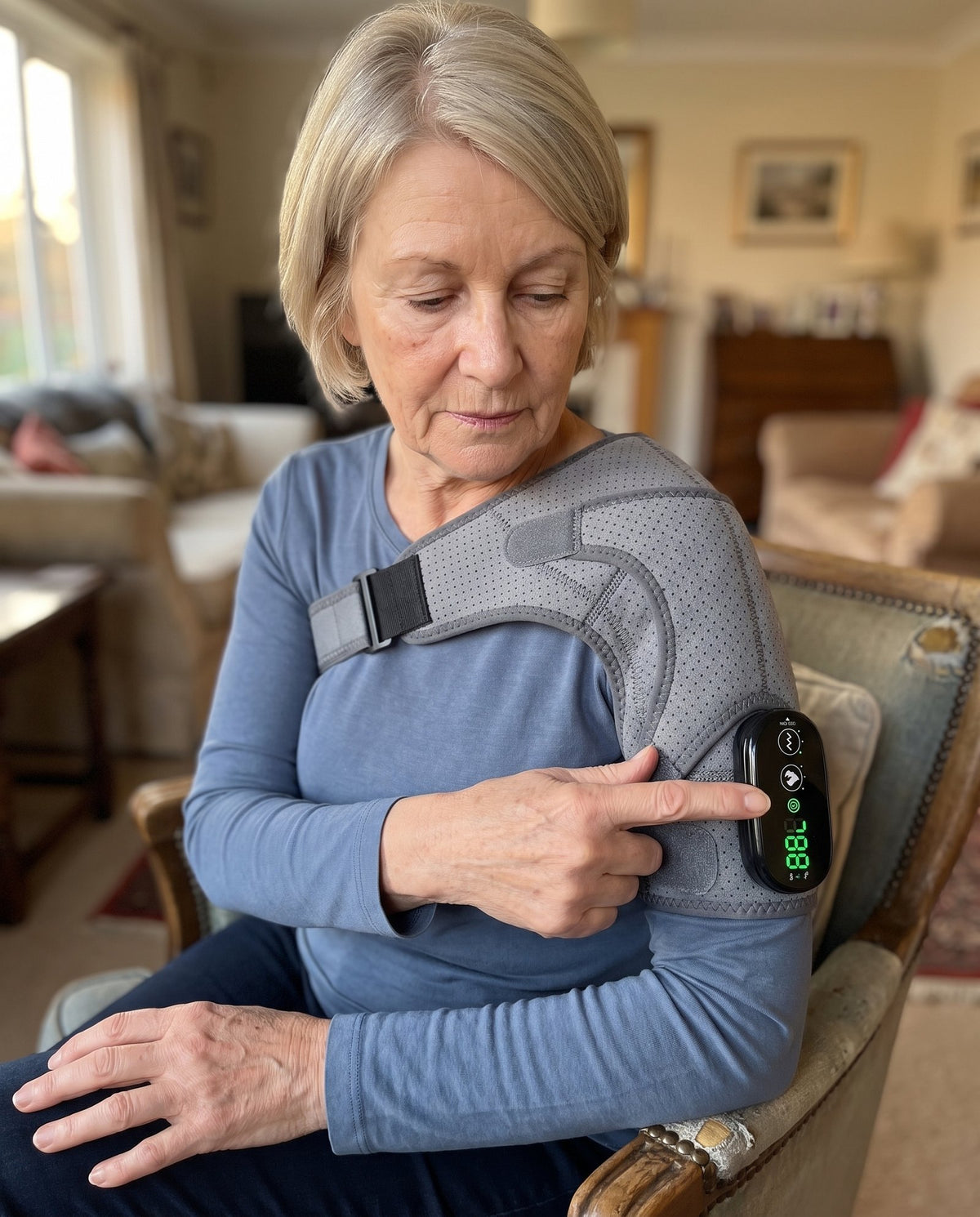 Woman wearing the Olyra Shoulder Wrap in her armchair