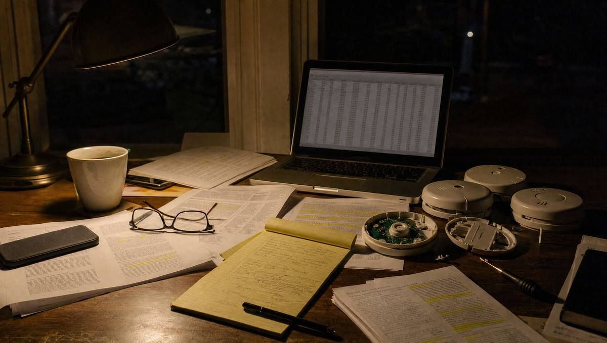 An investigator's desk late at night: several carbon monoxide detectors, one opened up with its sensor board exposed, printed research papers marked with highlighter, a legal pad of handwritten notes and a laptop.