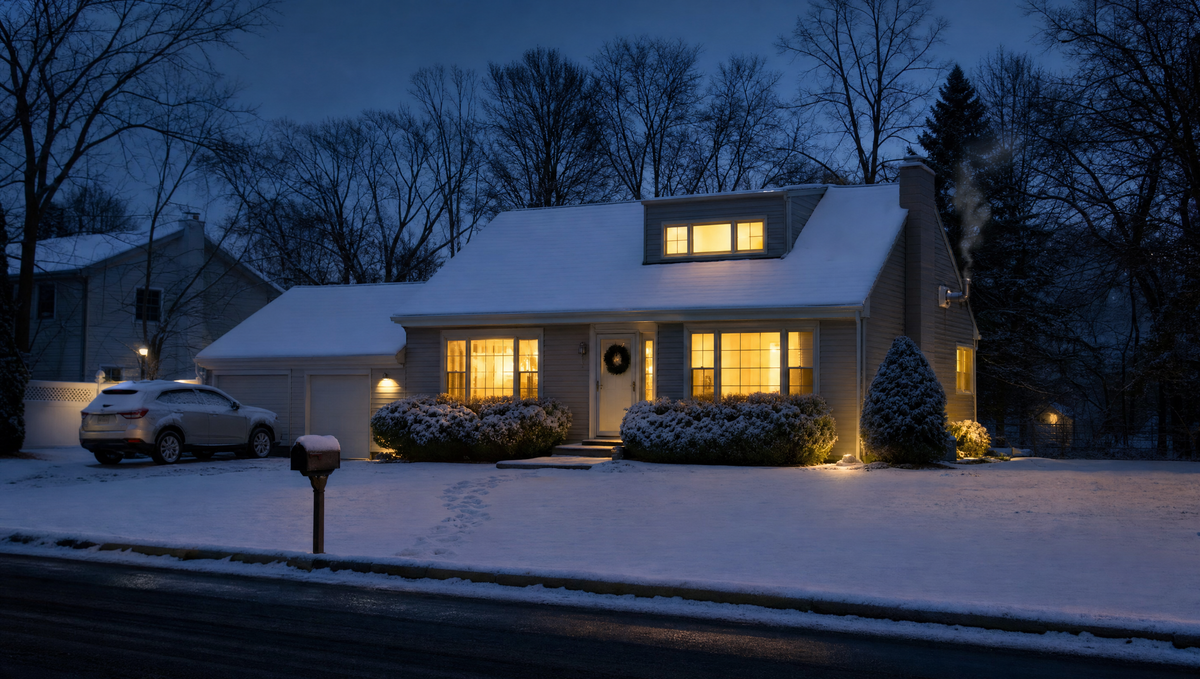 An ordinary suburban house at winter dusk, snow on the lawn and roof, every window lit warm gold, with a faint plume of vapour rising from the furnace flue on the side wall.