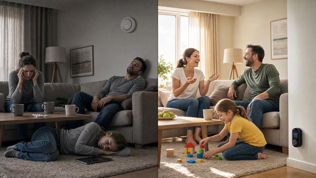 A split image. On the left the same family sits in a grey living room looking drained, painkillers on the table and a plain round alarm on the wall showing only a green light. On the right the room is bright, the family is well and laughing, and a TrueDetect detector in the wall outlet is displaying the actual PPM reading.