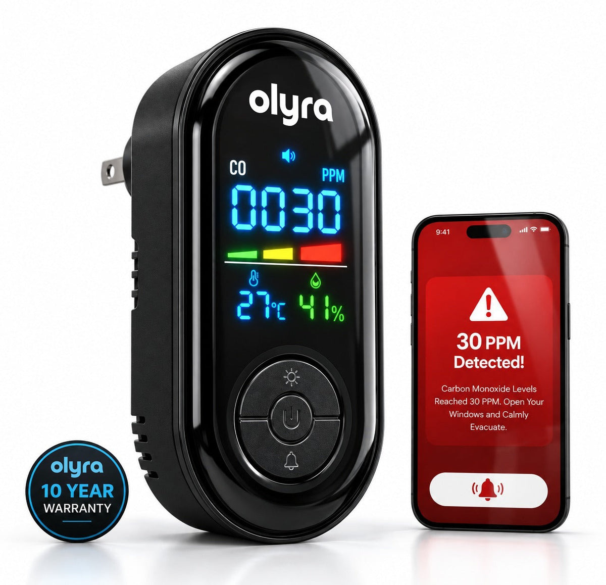TrueDetect carbon monoxide detector plugged in, showing 30 PPM on its colour display, beside a phone showing a 30 PPM alert. 10-year warranty badge.