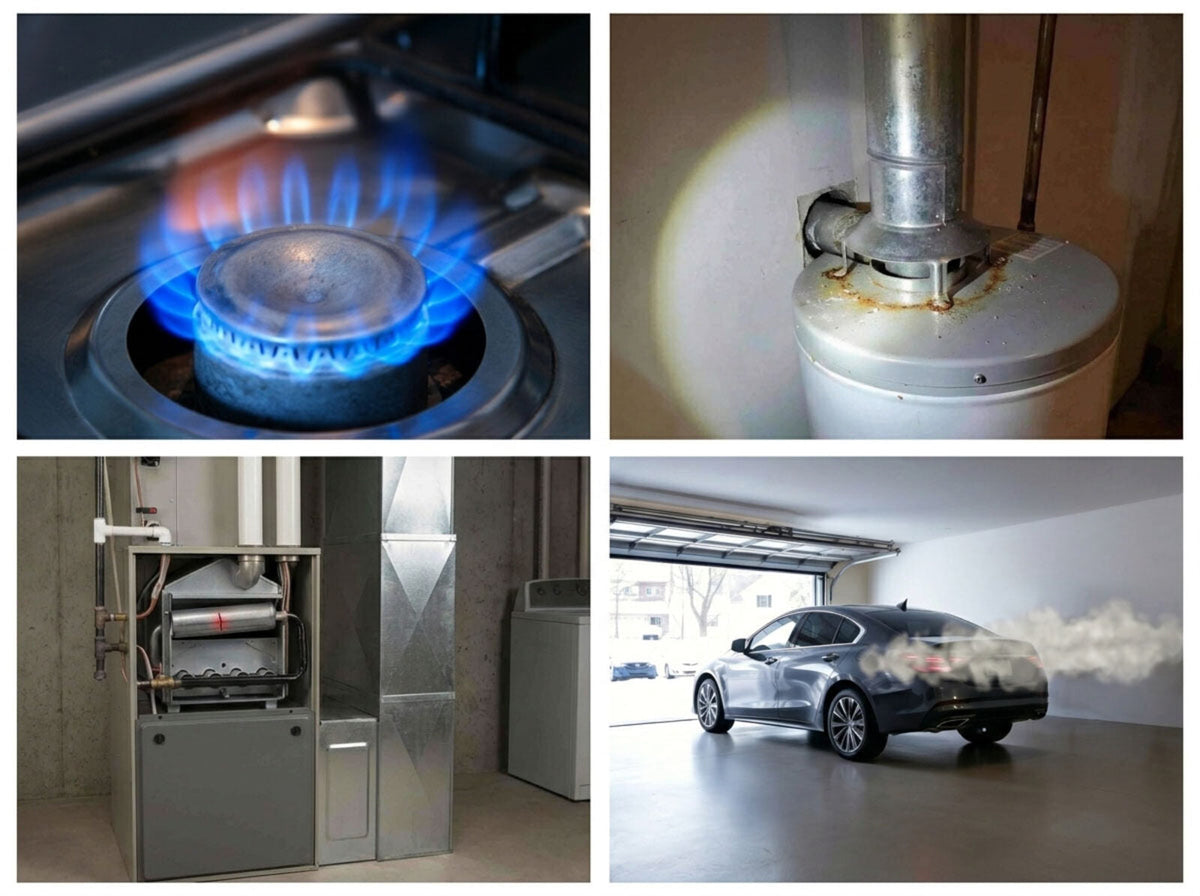 Four common household sources of carbon monoxide: a gas stove burner, a corroded water-heater flue, a basement furnace, and a car idling in a closed garage.