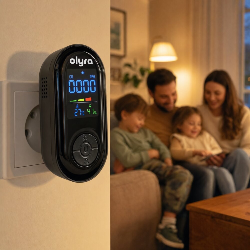 TrueDetect plugged in on the wall while a family relaxes together in the room behind.