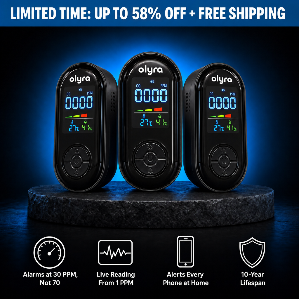 Three TrueDetect detectors. Limited time: up to 58% off plus free shipping. Alarms at 30 PPM not 70, live reading from 1 PPM, alerts every phone at home, 10-year lifespan.