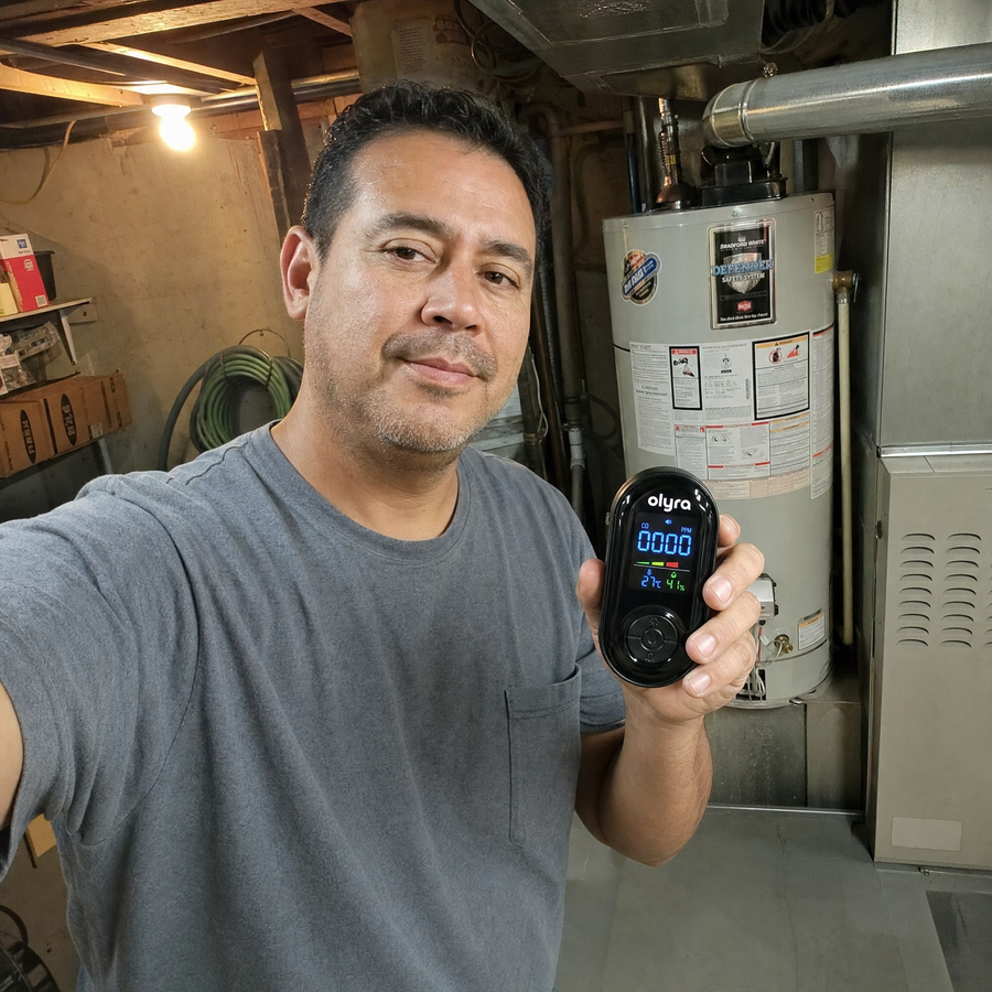 A man holding the TrueDetect detector in a basement beside a water heater.
