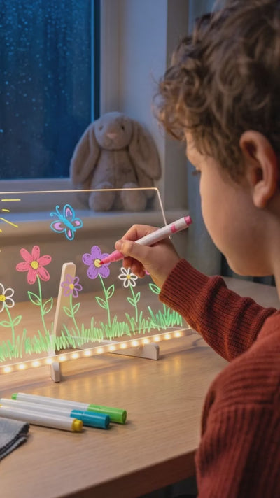 Niño dibujando flores en la pizarra luminosa Olyra GlowSketch
